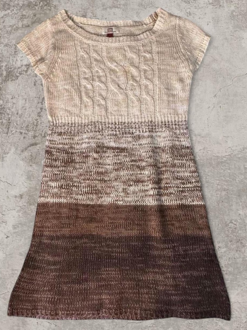 Y2K LEI Cable Knit Sweater Dress Brown Ombre Short Sleeve Cozy Boho Cottagecore